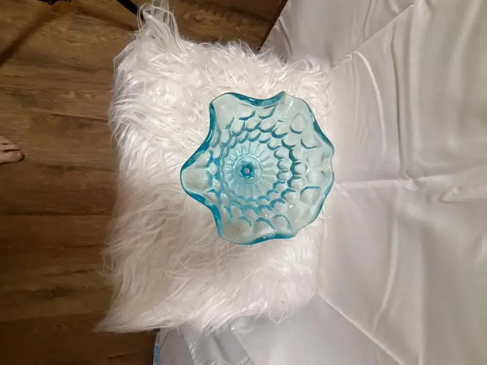 Vintage Fenton Aqua Blue Glass Compote Dish with Thumbprint Pattern and Ruffled